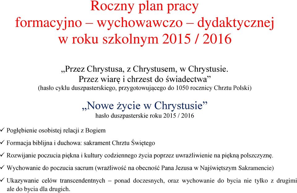 hasło duszpasterskie roku 2015 / 2016 Formacja biblijna i duchowa: sakrament Chrztu Świętego Rozwijanie poczucia piękna i kultury codziennego życia poprzez uwrażliwienie na