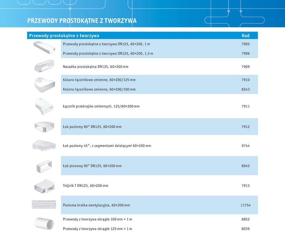 przekrojów zmiennych, 125/60 200 mm 7911 Łuk poziomy 90 DN125, 60 200 mm 7912 Łuk poziomy 45, z segmentami dzielącymi 60 200 mm 9744 Łuk pionowy 90 DN125, 60 200