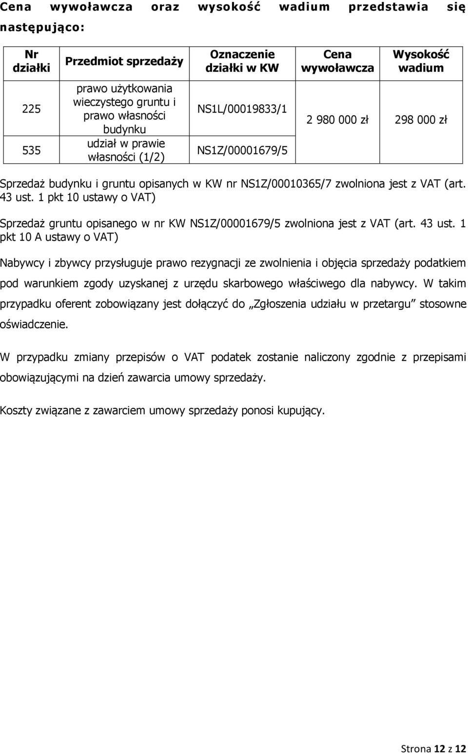 43 ust. 1 pkt 10 ustawy o VAT) Sprzedaż gruntu opisanego w nr KW NS1Z/00001679/5 zwolniona jest z VAT (art. 43 ust.