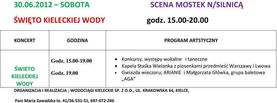 00 ORGANIZACJA I REALIZACJA ; WODOCIĄGI KIELECKIE SP. Z O.O., UL. KRAKOWSKA 64, KIELCE, Pani Maria Zawadzka te.