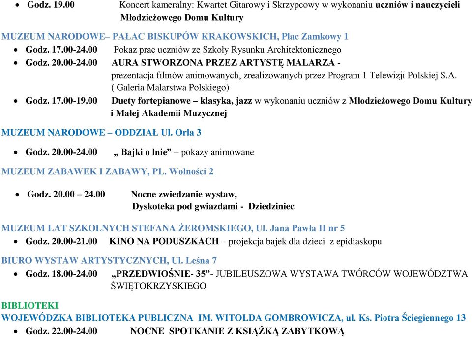 A. ( Galeria Malarstwa Polskiego) Godz. 17.00-19.00 Duety fortepianowe klasyka, jazz w wykonaniu uczniów z Młodzieżowego Domu Kultury i Małej Akademii Muzycznej MUZEUM NARODOWE ODDZIAŁ Ul.