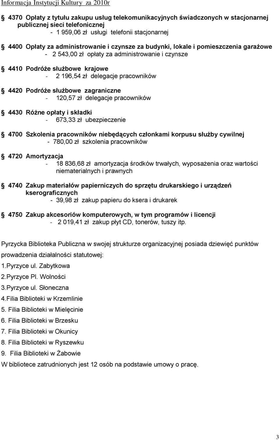 pracowników 4430 Różne opłaty i składki - 673,33 zł ubezpieczenie 4700 Szkolenia pracowników niebędących członkami korpusu służby cywilnej - 780,00 zł szkolenia pracowników 4720 Amortyzacja - 18