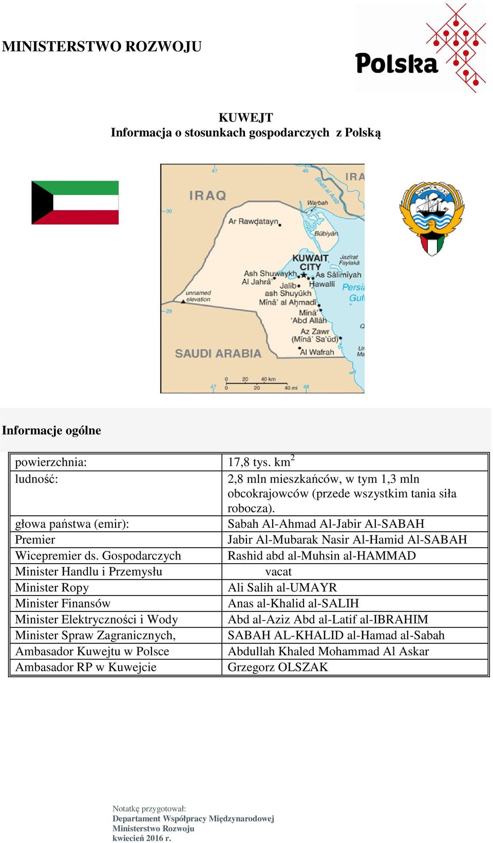 głowa państwa (emir): Sabah Al-Ahmad Al-Jabir Al-SABAH Premier Jabir Al-Mubarak Nasir Al-Hamid Al-SABAH Wicepremier ds.