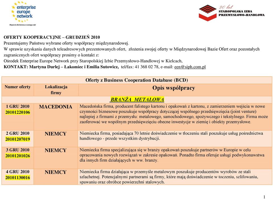 Enterprise Europe Network przy Staropolskiej Izbie Przemysłowo-Handlowej w Kielcach, KONTAKT: Martyna Durlej Łakomiec i Emilia Sutowicz, tel/fax: 41 368 02 78, e-mail: een@siph.com.