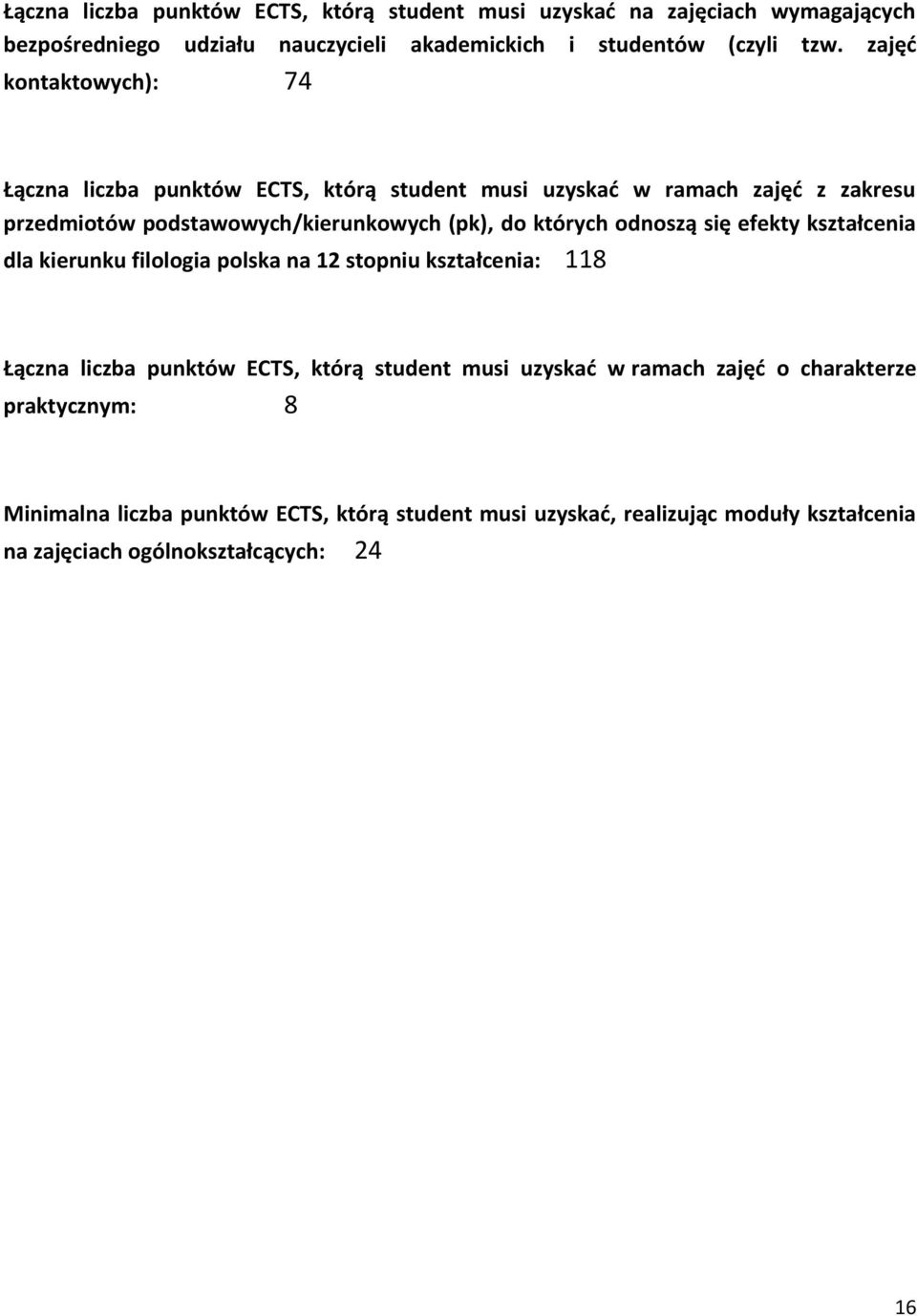 których odnoszą się efekty kształcenia dla kierunku filologia polska na stopniu kształcenia: 8 Łączna liczba punktów ECTS, którą student musi uzyskać w