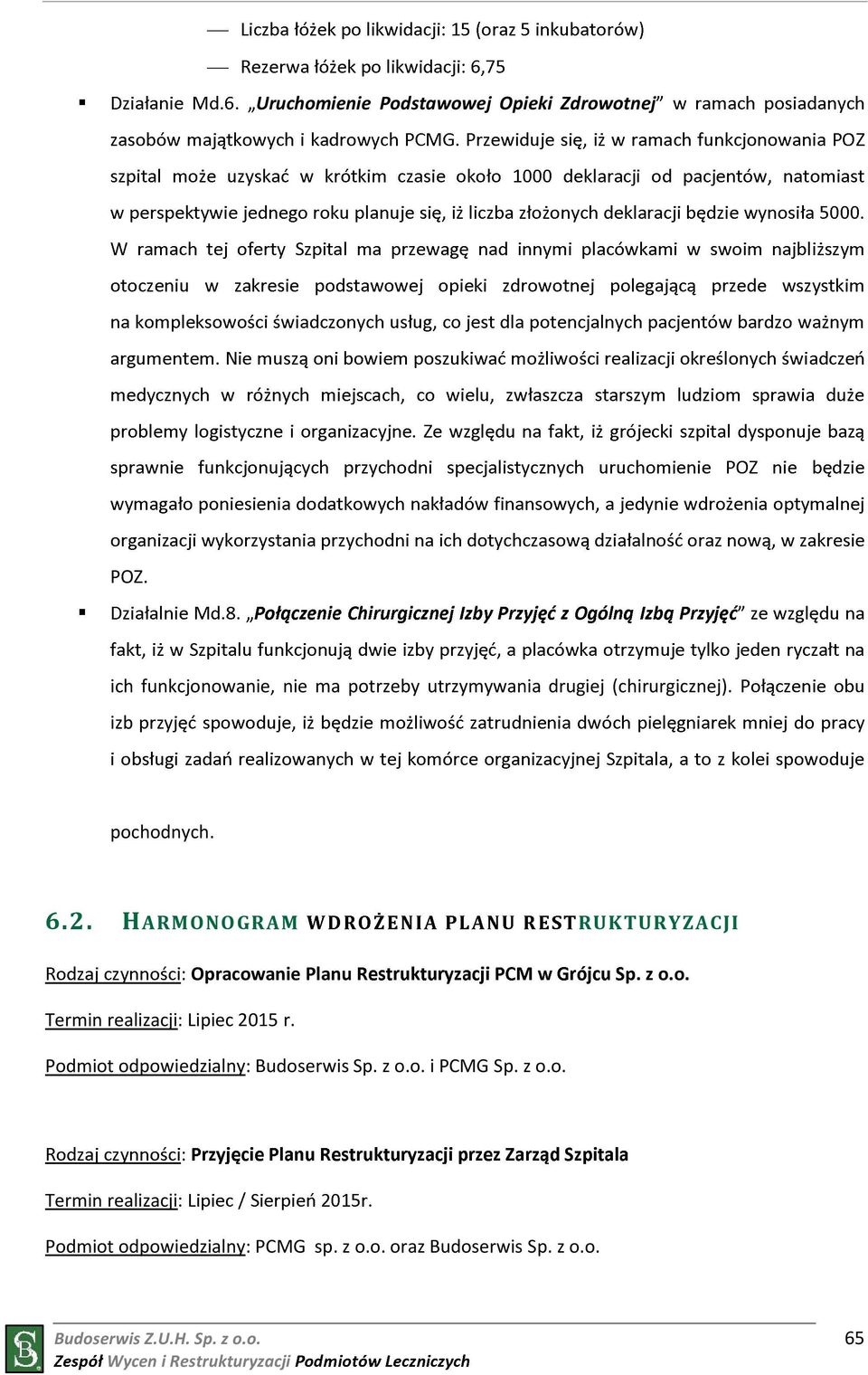 HARMONOGRAM RUKTURYZACJI : Opracwanie Planu p. z.. Termin realizacji: Lipiec 2015 r.