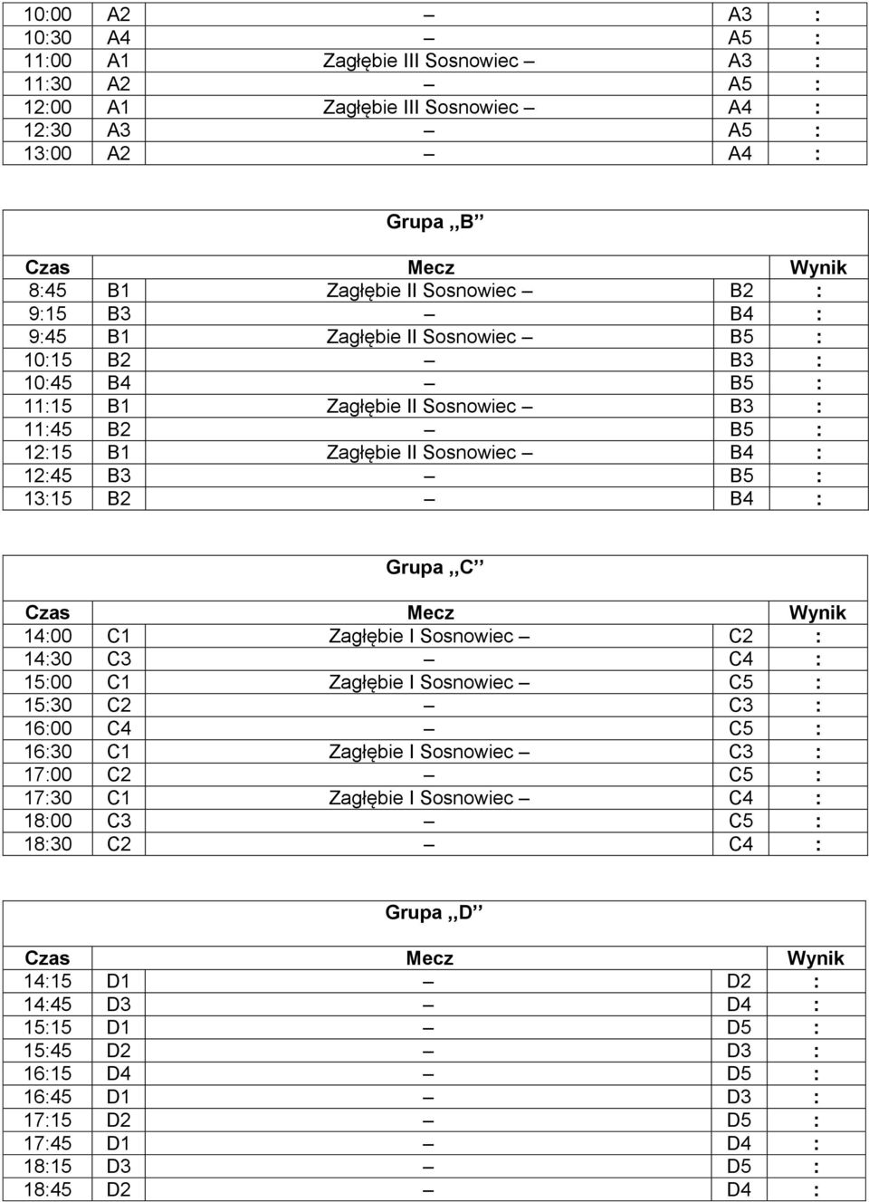 Grupa,,C Czas Mecz Wynik 14:00 C1 Zagłębie I Sosnowiec C2 : 14:30 C3 C4 : 15:00 C1 Zagłębie I Sosnowiec C5 : 15:30 C2 C3 : 16:00 C4 C5 : 16:30 C1 Zagłębie I Sosnowiec C3 : 17:00 C2 C5 : 17:30 C1