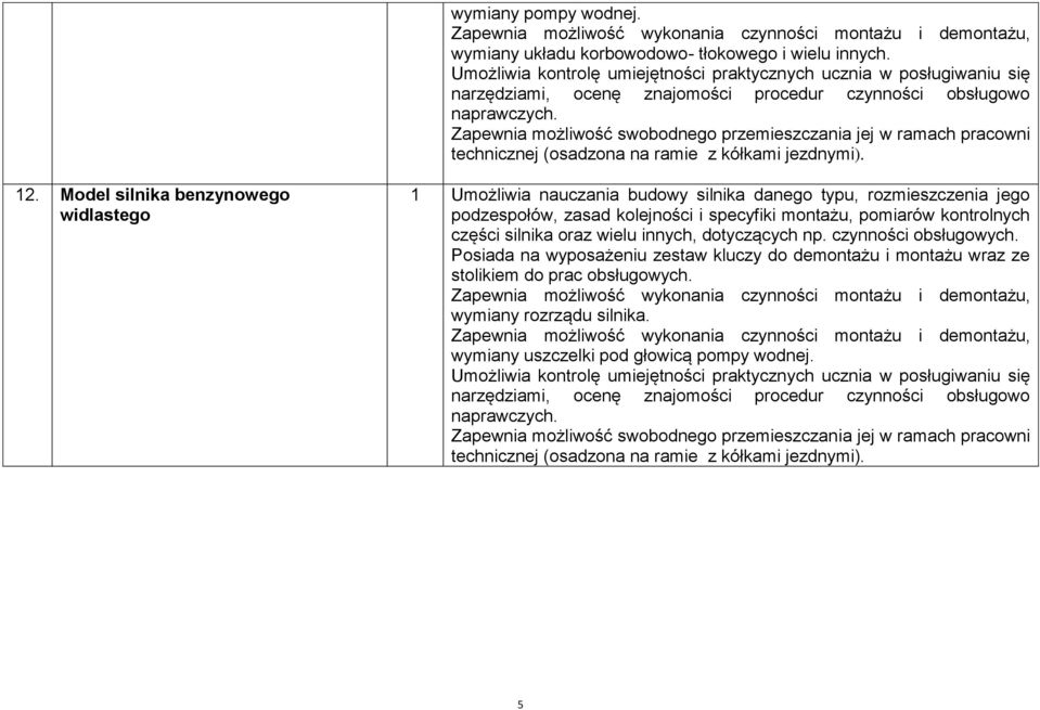 Model silnika benzynowego widlastego 1 Umożliwia nauczania budowy silnika danego typu, rozmieszczenia jego podzespołów, zasad kolejności i specyfiki montażu, pomiarów kontrolnych części silnika