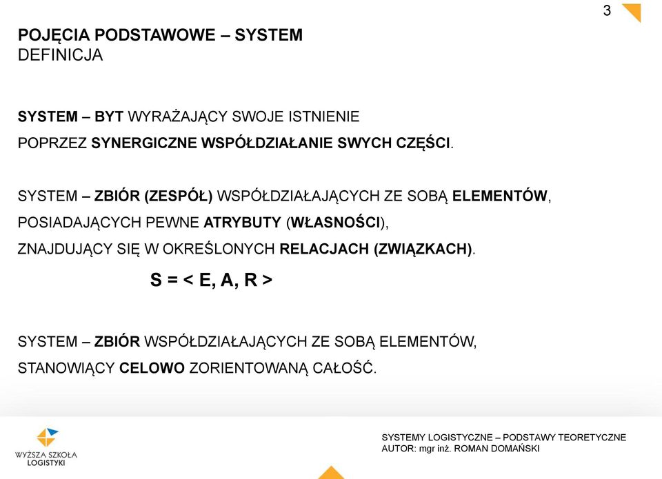 SYSTEM ZBIÓR (ZESPÓŁ) WSPÓŁDZIAŁAJĄCYCH ZE SOBĄ ELEMENTÓW, POSIADAJĄCYCH PEWNE ATRYBUTY