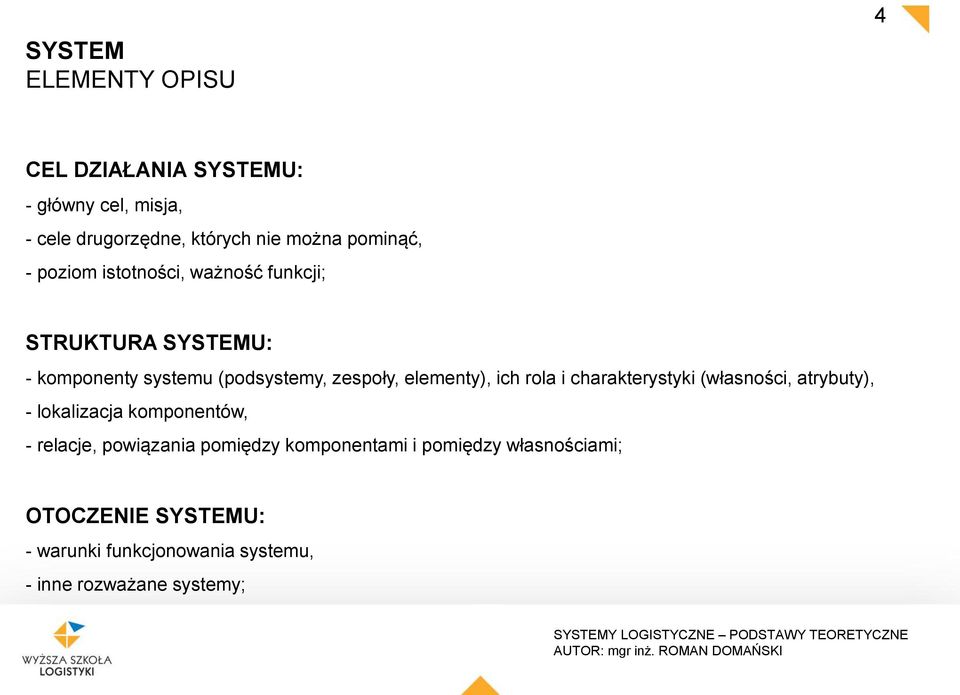 elementy), ich rola i charakterystyki (własności, atrybuty), - lokalizacja komponentów, - relacje, powiązania