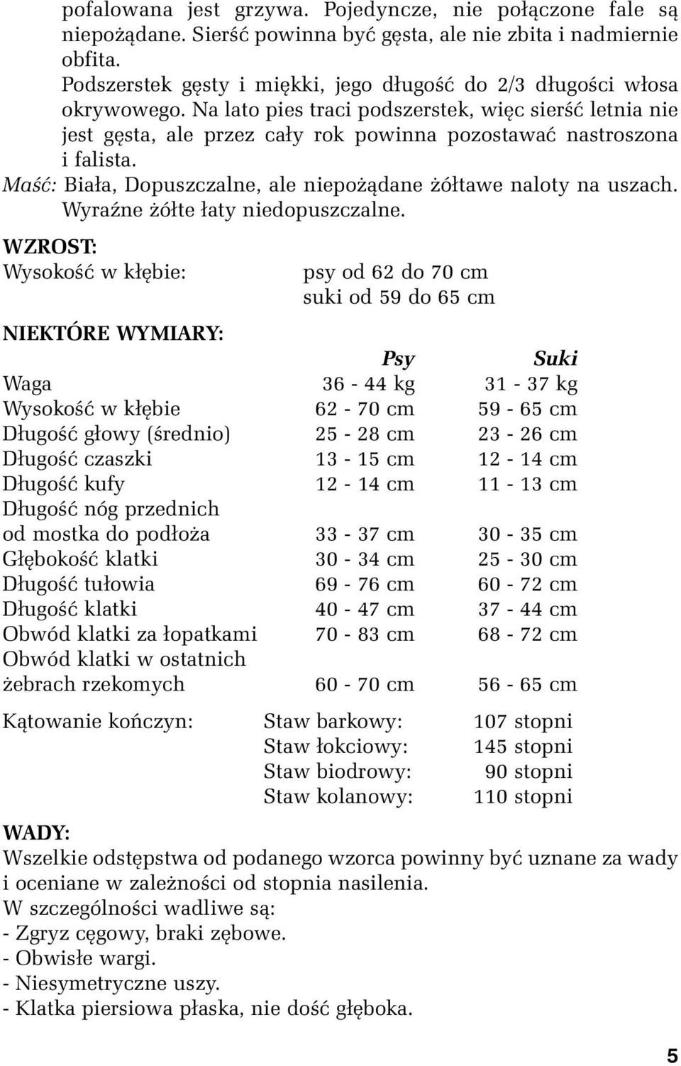 Na lato pies traci podszerstek, więc sierść letnia nie jest gęsta, ale przez cały rok powinna pozostawać nastroszona i falista. Maść: Biała, Dopuszczalne, ale niepożądane żółtawe naloty na uszach.