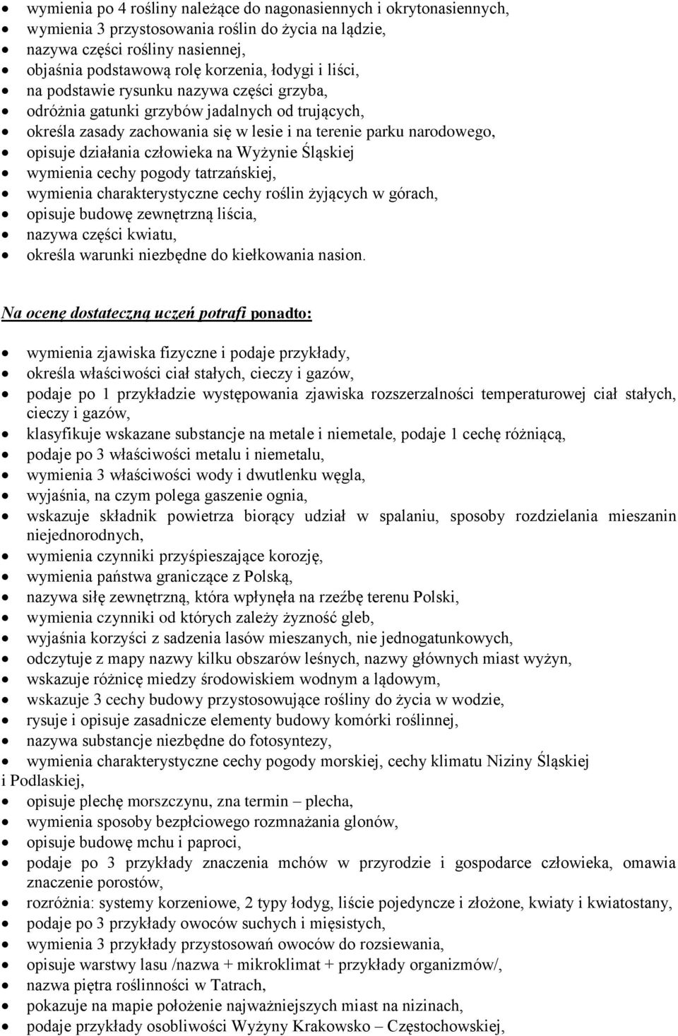 Wyżynie Śląskiej wymienia cechy pogody tatrzańskiej, wymienia charakterystyczne cechy roślin żyjących w górach, opisuje budowę zewnętrzną liścia, nazywa części kwiatu, określa warunki niezbędne do