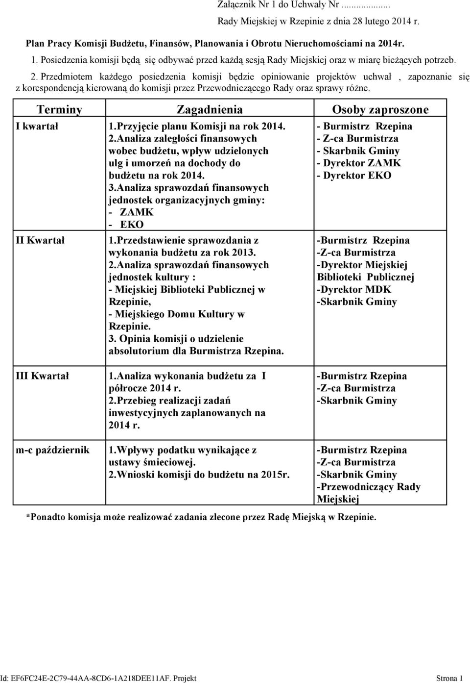 Terminy Zagadnienia Osoby zaproszone I kwartał 1.Przyjęcie planu Komisji na rok 2014. 2.Analiza zaległości finansowych wobec budżetu, wpływ udzielonych ulg i umorzeń na dochody do budżetu na rok 2014.