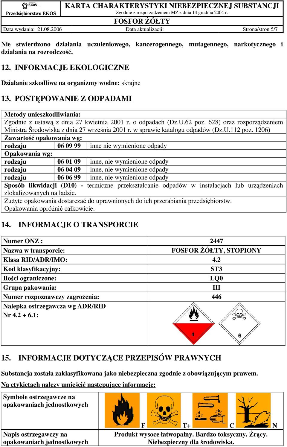 628) oraz rozporządzeniem Ministra Środowiska z dnia 27 września 2001 r. w sprawie katalogu odpadów (Dz.U.112 poz.