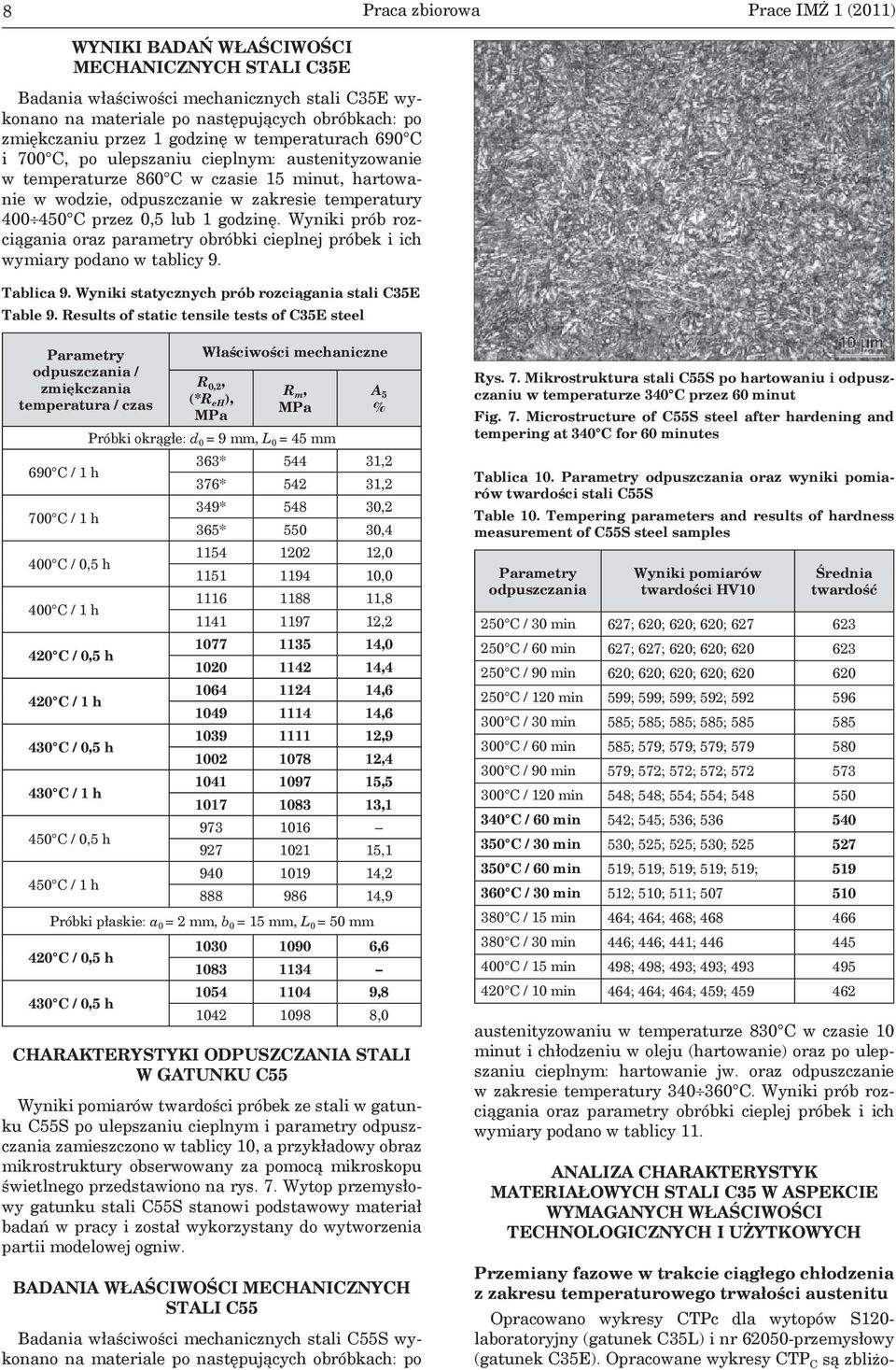 przez 0,5 lub 1 godzinę. Wyniki prób rozciągania oraz parametry obróbki cieplnej próbek i ich wymiary podano w tablicy 9. Tablica 9. Wyniki statycznych prób rozciągania stali C35E Table 9.