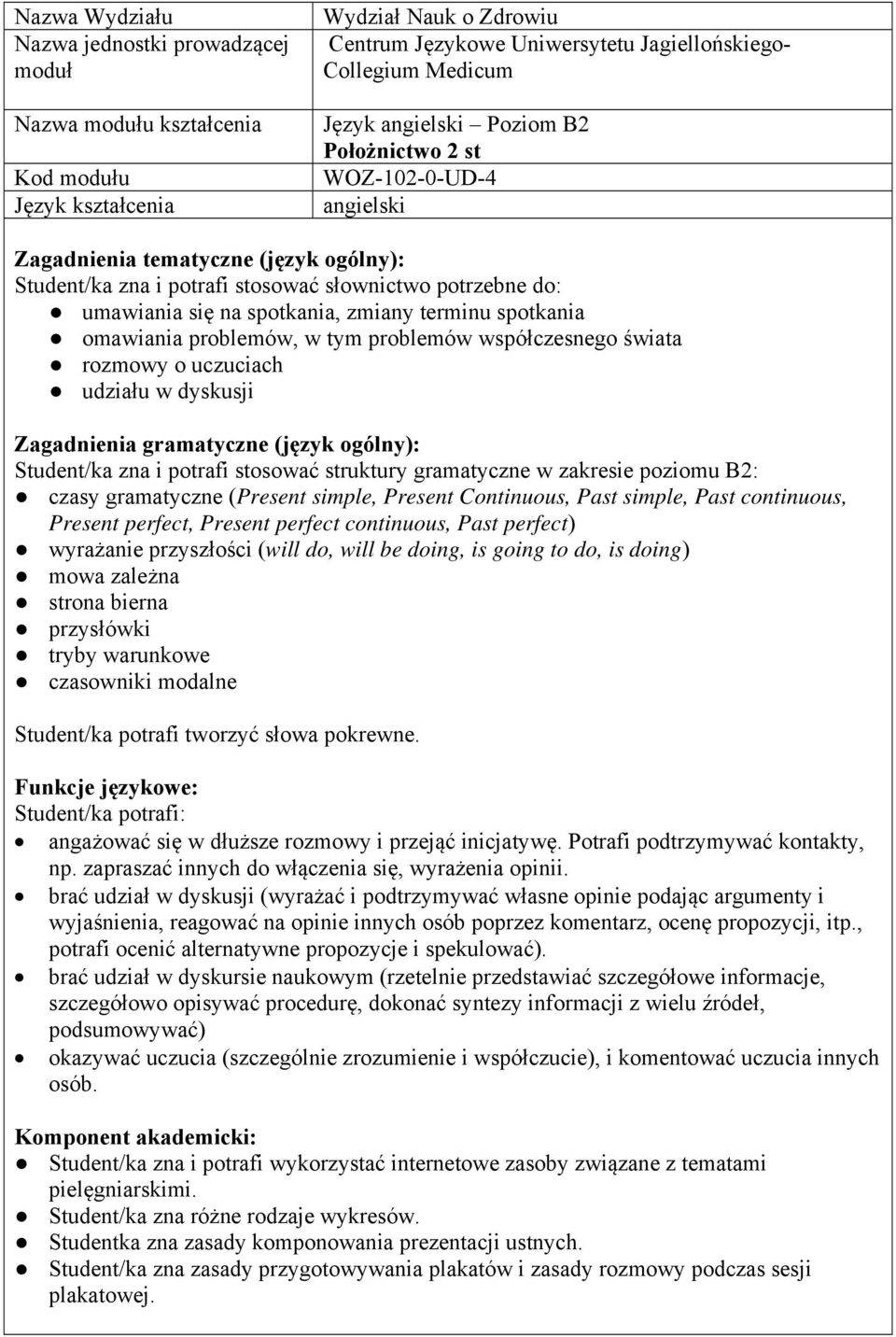 terminu spotkania omawiania problemów, w tym problemów współczesnego świata rozmowy o uczuciach udziału w dyskusji Zagadnienia gramatyczne (język ogólny): Student/ka zna i potrafi stosować struktury