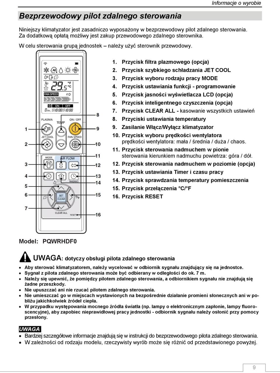 Przycisk szybkiego schładzania JET COOL 3. Przycisk wyboru rodzaju pracy MODE 4. Przycisk ustawiania funkcji - programowanie 5. Przycisk jasności wyświetlacza LCD (opcja) 6.