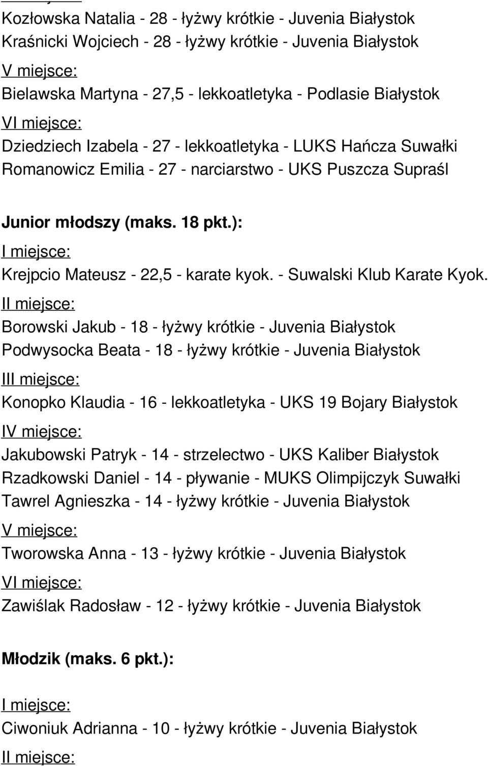 ): I miejsce: Krejpcio Mateusz - 22,5 - karate kyok. - Suwalski Klub Karate Kyok.