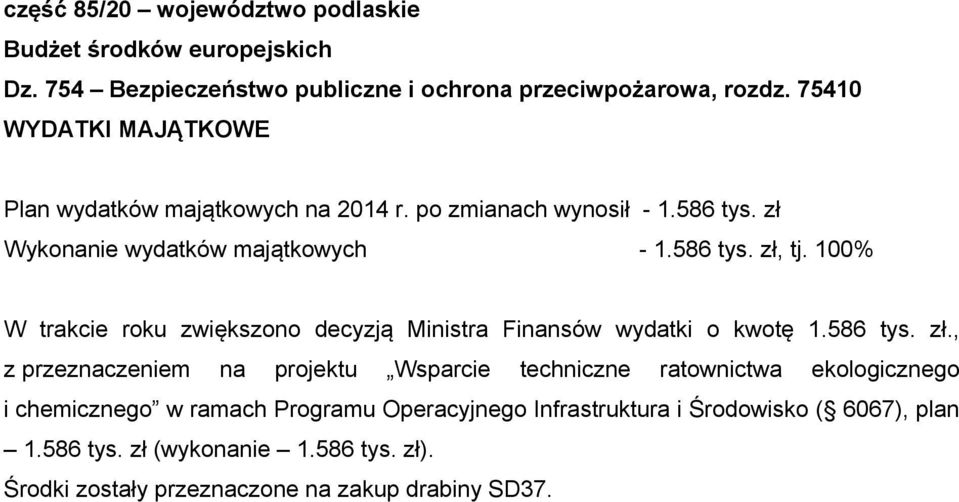 100% W trakcie roku zwiększono decyzją Ministra Finansów wydatki o kwotę 1.586 tys. zł.