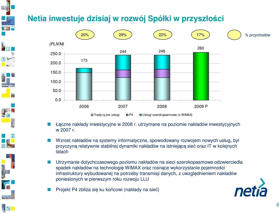 Wzrost nakładów na systemy informatyczne, spowodowany rozwojem nowych usług, był przyczyną relatywnie stabilnej dynamiki nakładów na istniejącą sieć oraz IT w kolejnych latach Utrzymanie