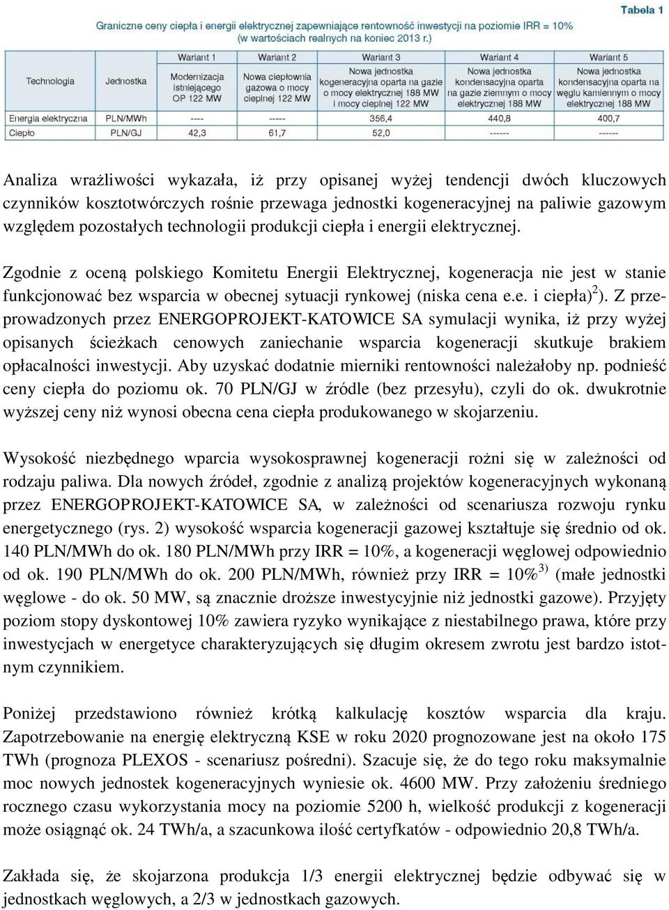 Z przeprowadzonych przez ENERGOPROJEKT-KATOWICE SA symulacji wynika, iż przy wyżej opisanych ścieżkach cenowych zaniechanie wsparcia kogeneracji skutkuje brakiem opłacalności inwestycji.