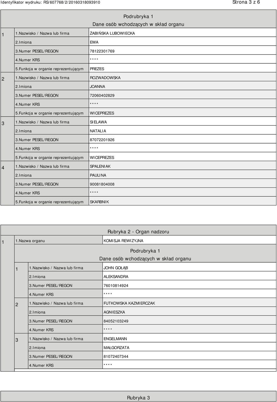 Nazwisko / Nazwa lub firma SPALENIAK PAULINA 3.Numer PESEL/REGON 90081804008 SKARBNIK Rubryka 2 - Organ nadzoru 1 1.