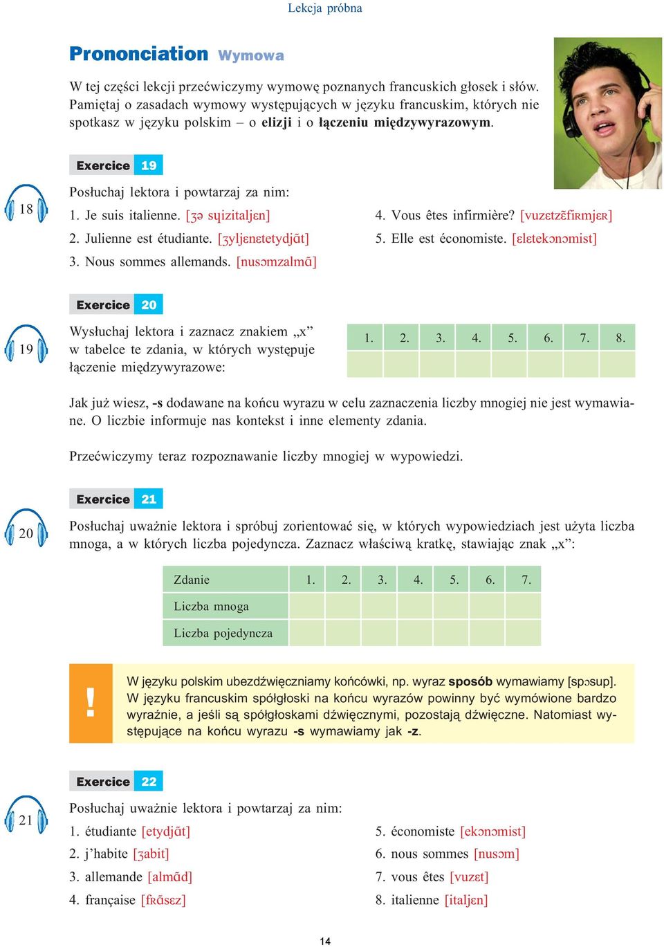 Je suis italienne. [¹ê søizitaljæn] 4. Vous êtes infirmière? [vuzætz fi mjæ ] 2. Julienne est étudiante. [¹yljænætetydjàt] 5. Elle est économiste. [ælætekénémist] 3. Nous sommes allemands.