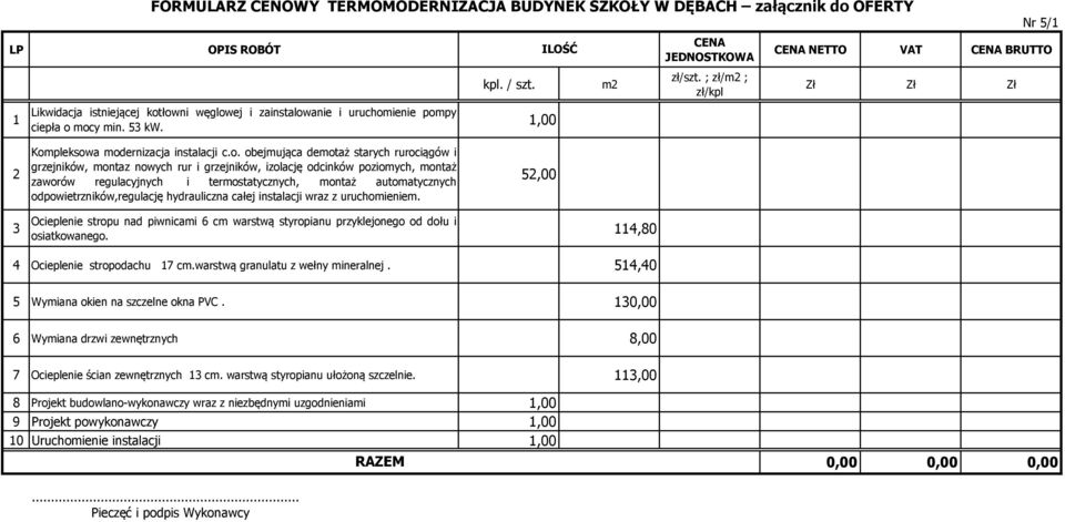 ,80 Ocieplenie stropodachu 7 cm.warstwą granulatu z wełny mineralnej. 5,0 5 Wymiana okien na szczelne okna PVC.