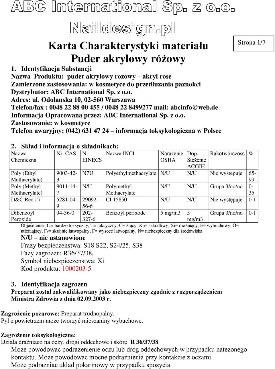 Skład i informacja o składnikach: Nazwa Chemiczna Nr. CAS Nr. EINECS Nazwa INCI Narażenie OSHA Dop.