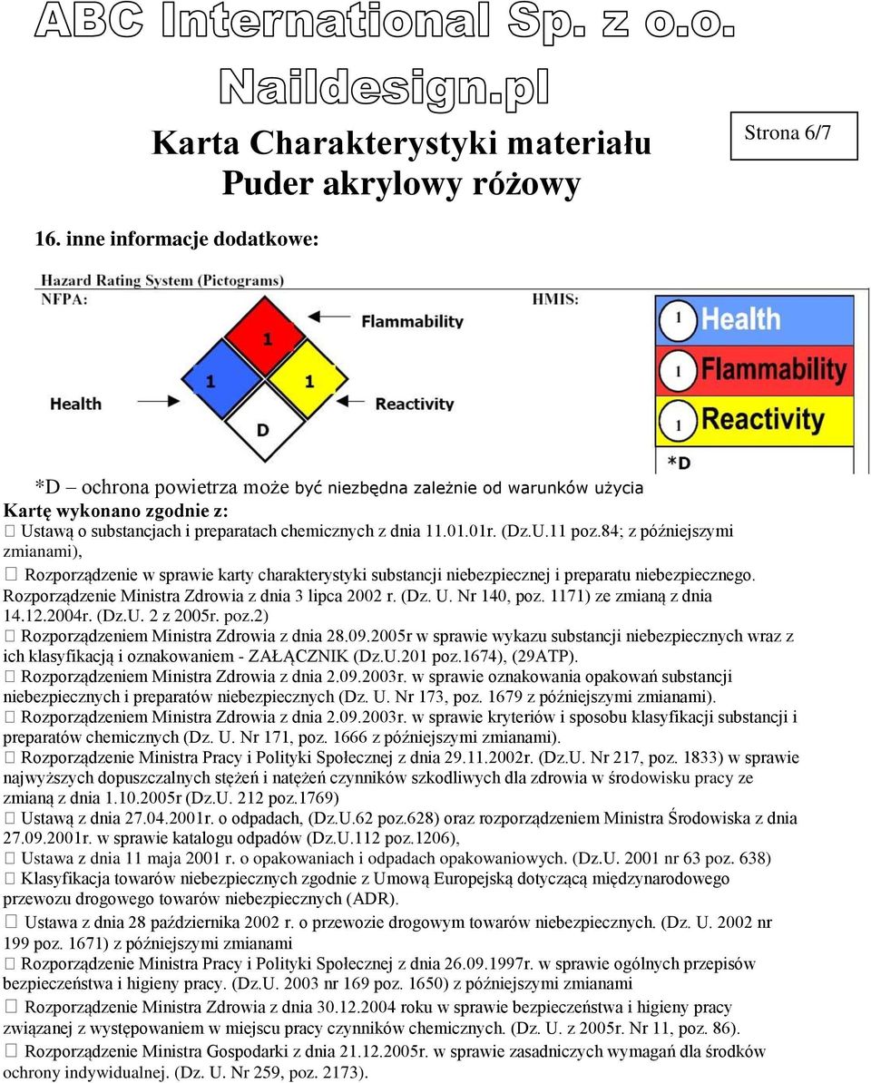 Rozporządzenie Ministra Zdrowia z dnia 3 lipca 2002 r. (Dz. U. Nr 140, poz. 1171) ze zmianą z dnia 14.12.2004r. (Dz.U. 2 z 2005r. poz.2) Rozporządzeniem Ministra Zdrowia z dnia 28.09.