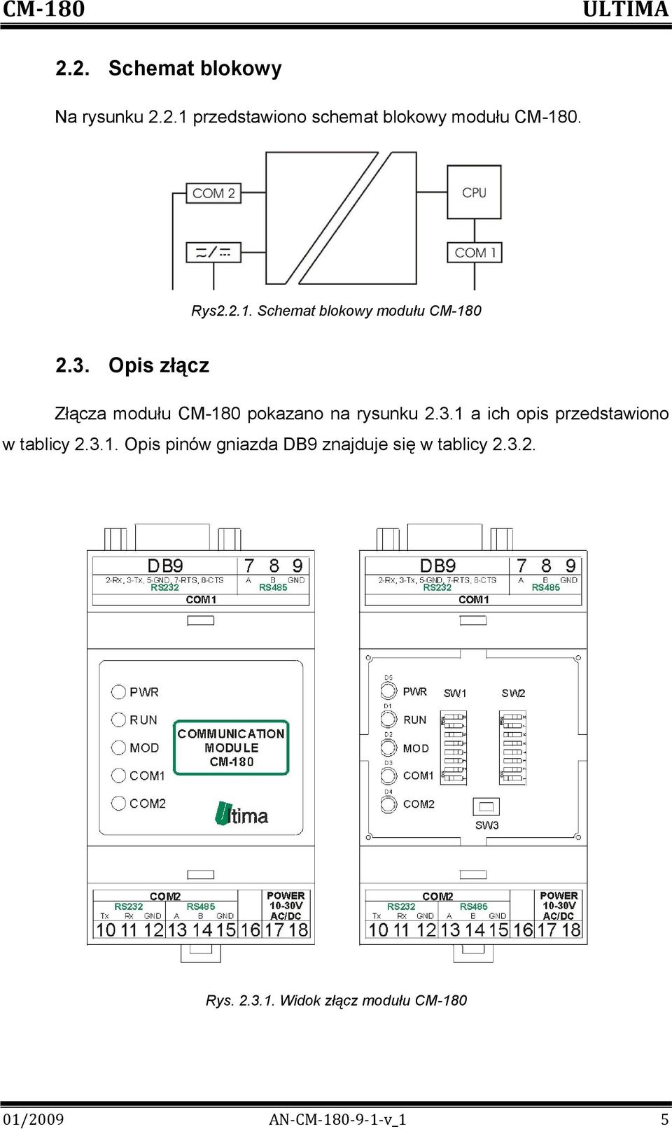 Opis złącz Złącza modułu CM-180 pokazano na rysunku 2.3.