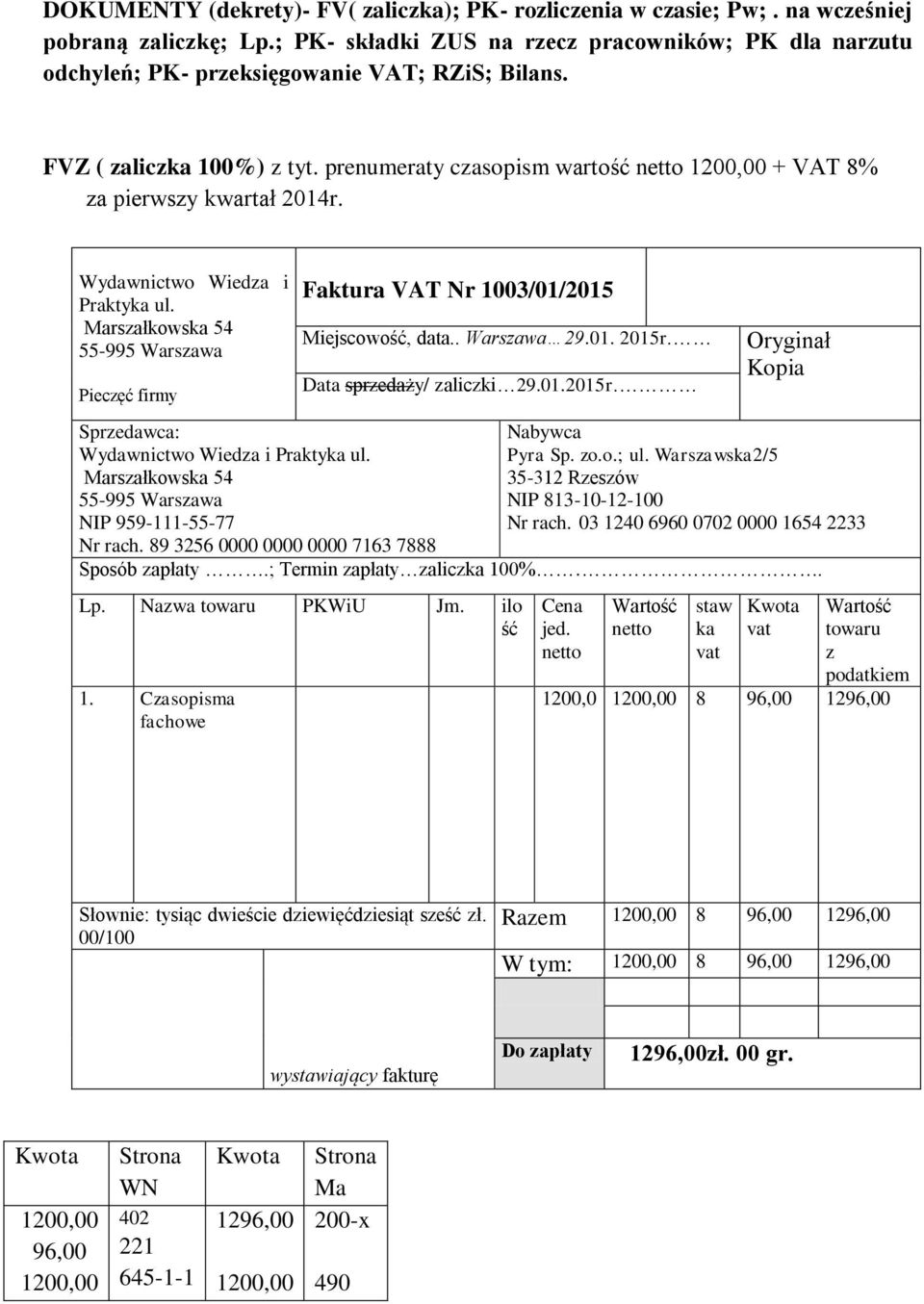 prenumeraty czasopism wartość netto 1200,00 + VAT 8% za pierwszy kwartał 2014r. Wydawnictwo Wiedza i Praktyka ul.