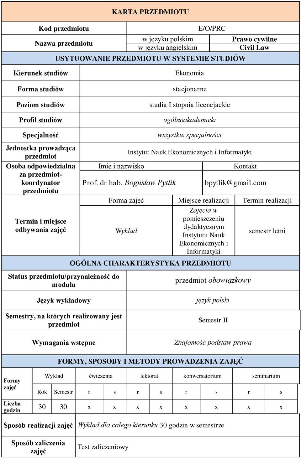 miejsce odbywania zajęć Status przedmiotu/przynależność do modułu Imię i nazwisko wszystkie specjalności Instytut Nauk Ekonomicznych i Informatyki Prof. dr hab. Bogusław Pytlik Kontakt bpytlik@gmail.