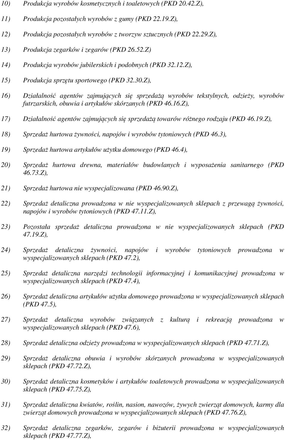 Z), 16) Działalność agentów zajmujących się sprzedażą wyrobów tekstylnych, odzieży, wyrobów futrzarskich, obuwia i artykułów skórzanych (PKD 46.16.Z), 17) Działalność agentów zajmujących się sprzedażą towarów różnego rodzaju (PKD 46.