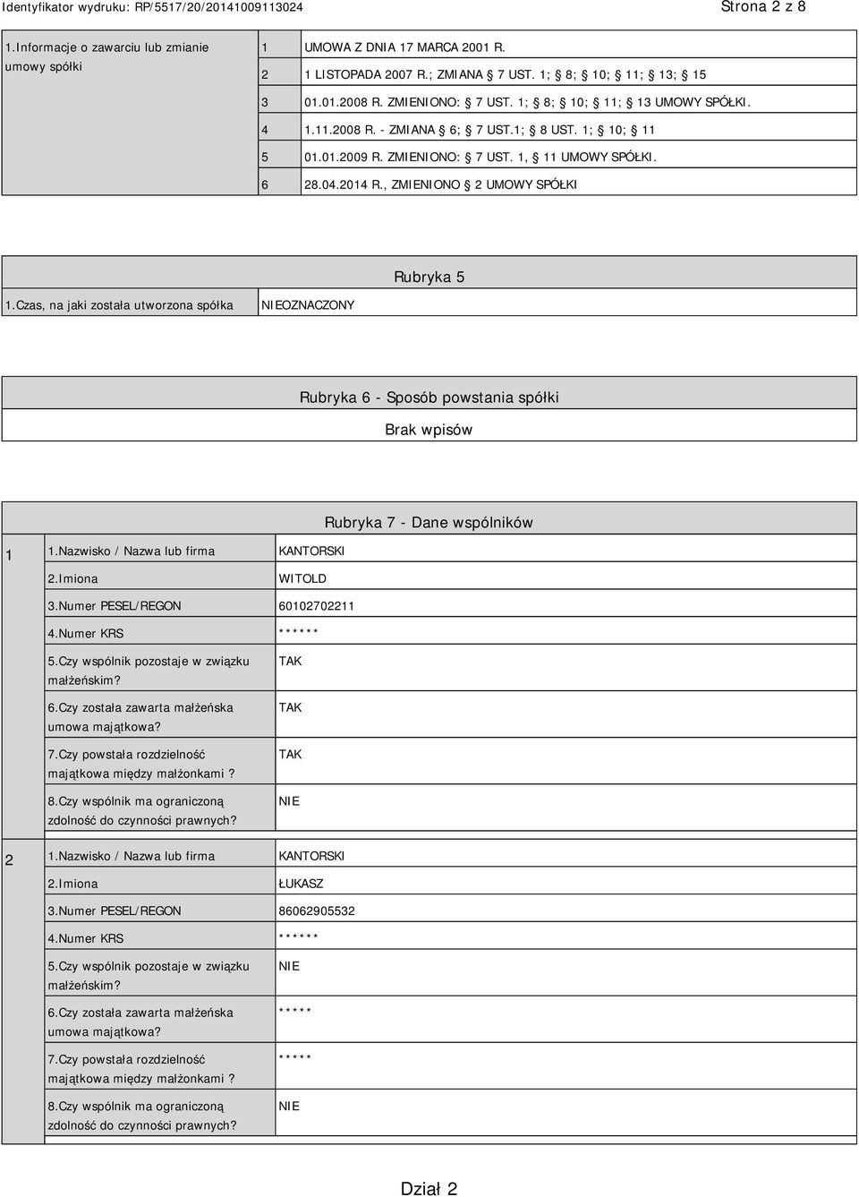 Czas, na jaki została utworzona spółka NIEOZNACZONY Rubryka 6 - Sposób powstania spółki 1 1.Nazwisko / Nazwa lub firma KANTORSKI Rubryka 7 - Dane wspólników WITOLD 3.Numer PESEL/REGON 60102702211 4.