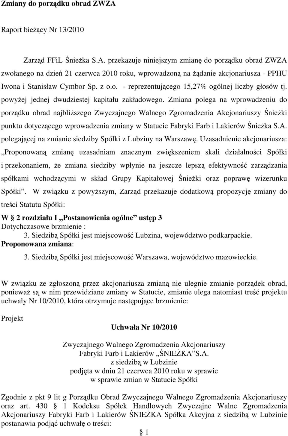 Zmiana polega na wprowadzeniu do porządku obrad najbliższego Zwyczajnego Walnego Zgromadzenia Akcjonariuszy Śnieżki punktu dotyczącego wprowadzenia zmiany w Statucie Fabryki Farb i Lakierów Śnieżka S.