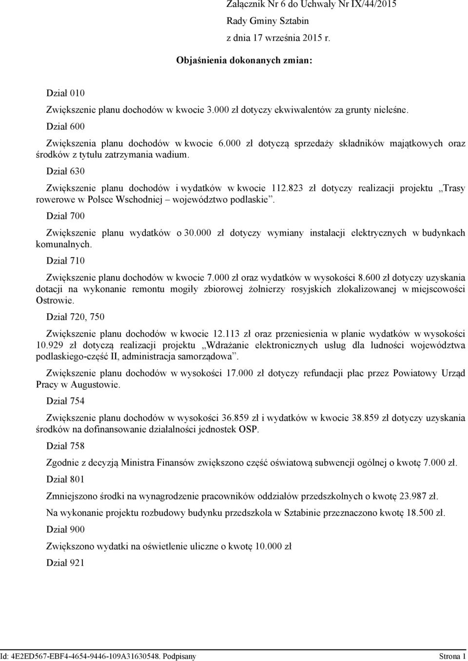 Dział 630 Zwiększenie planu dochodów i wydatków w kwocie 112.823 zł dotyczy realizacji projektu Trasy rowerowe w Polsce Wschodniej województwo podlaskie. Dział 700 Zwiększenie planu wydatków o 30.