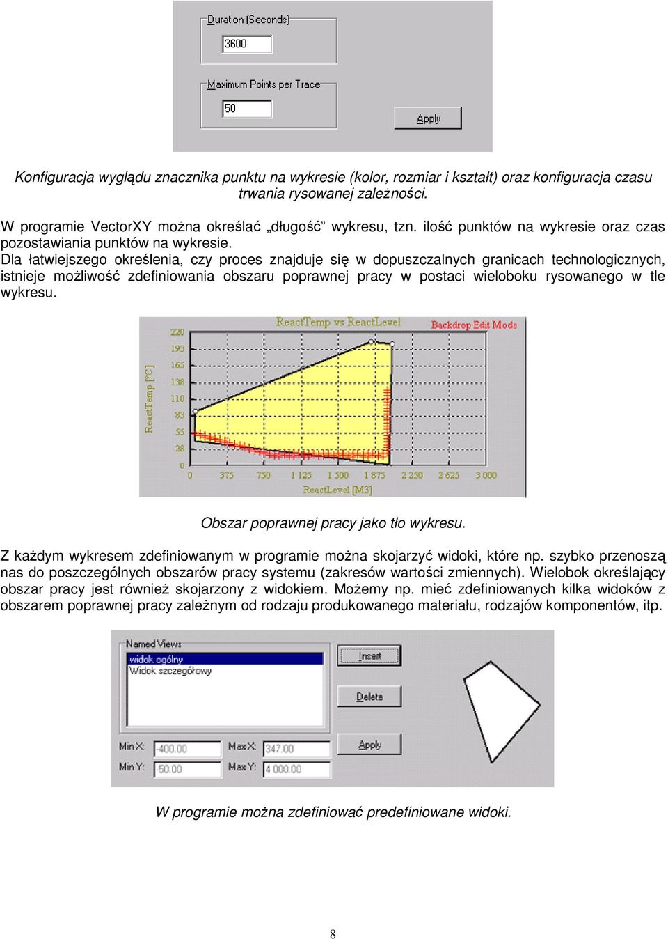 Dla łatwiejszego określenia, czy proces znajduje się w dopuszczalnych granicach technologicznych, istnieje moŝliwość zdefiniowania obszaru poprawnej pracy w postaci wieloboku rysowanego w tle wykresu.