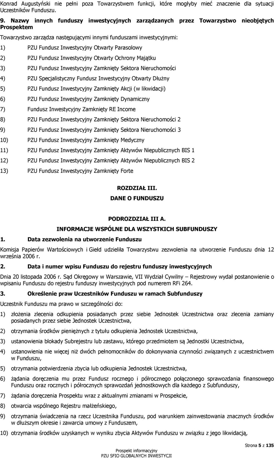 Parasolowy 2) PZU Fundusz Inwestycyjny Otwarty Ochrony Majątku 3) PZU Fundusz Inwestycyjny Zamknięty Sektora Nieruchomości 4) PZU Specjalistyczny Fundusz Inwestycyjny Otwarty Dłużny 5) PZU Fundusz