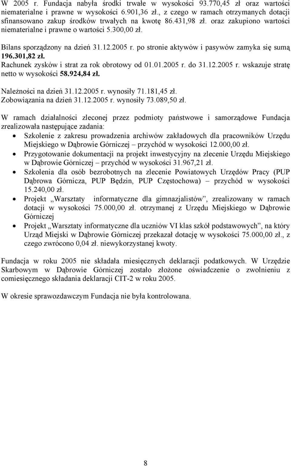 12.2005 r. po stronie aktywów i pasywów zamyka się sumą 196.301,82 zł. Rachunek zysków i strat za rok obrotowy od 01.01.2005 r. do 31.12.2005 r. wskazuje stratę netto w wysokości 58.924,84 zł.