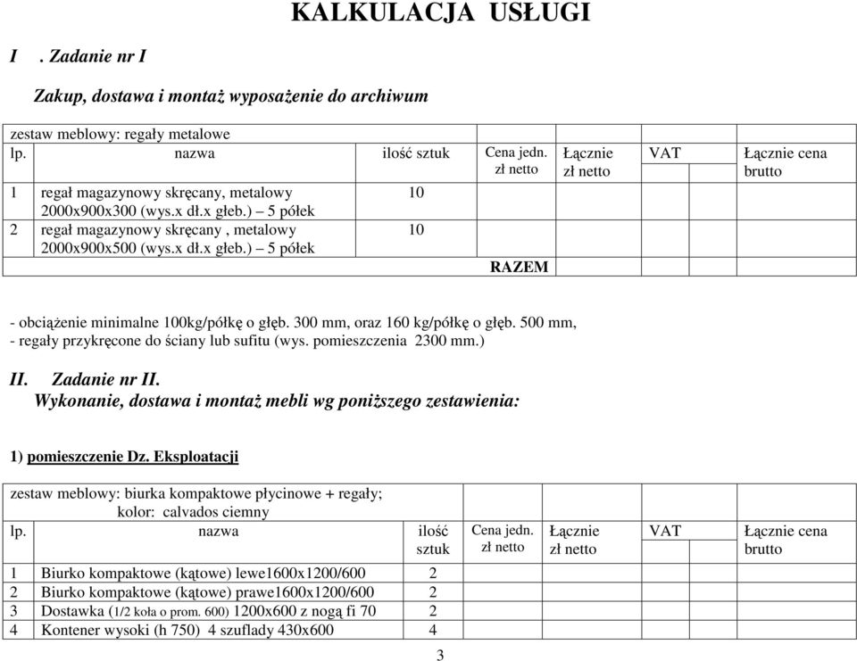 500 mm, - regały przykręcone do ściany lub sufitu (wys. pomieszczenia 2300 mm.) II. Zadanie nr II. Wykonanie, dostawa i montaż mebli wg poniższego zestawienia: 1) pomieszczenie Dz.