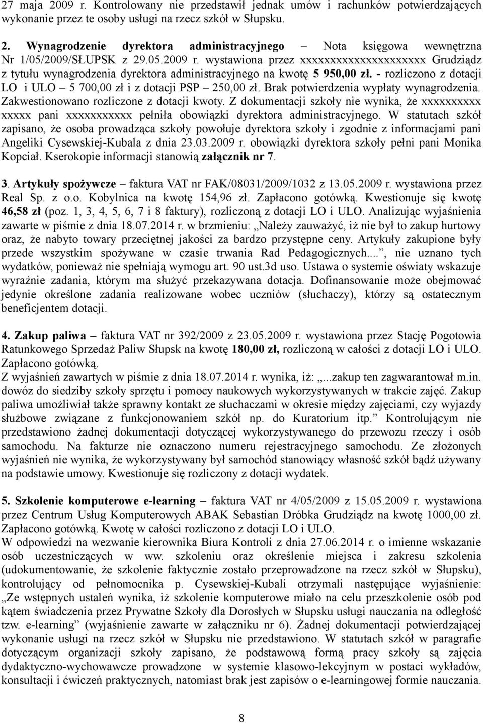 - rozliczono z dotacji LO i ULO 5 700,00 zł i z dotacji PSP 250,00 zł. Brak potwierdzenia wypłaty wynagrodzenia. Zakwestionowano rozliczone z dotacji kwoty.