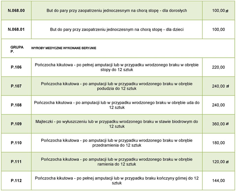 107 Pończocha kikutowa - po amputacji lub w przypadku wrodzonego braku w obrębie podudzia do 12 sztuk 240,00 P.