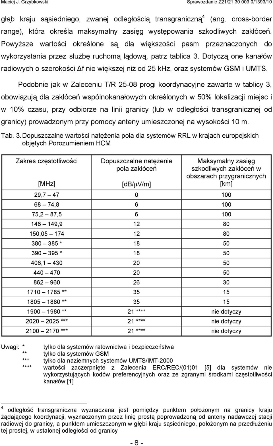 Powyższe wartości określone są dla większości pasm przeznaczonych do wykorzystania przez służbę ruchomą lądową, patrz tablica 3.
