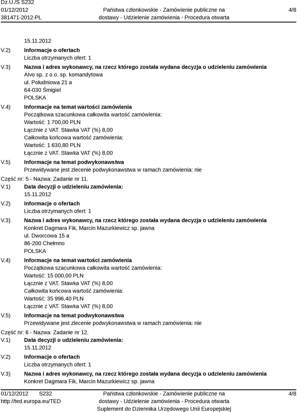 Wartość: 1 630,80 PLN Część nr: 5 - Nazwa: Zadanie nr 11.