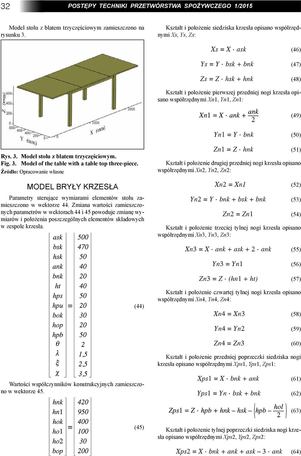 współrzędnymi Xn1, Yn1, Zn1: (49) Yn1 = Y bnk (50) Rys. 3. Model stołu z blatem trzyczęściowym. Fig. 3. Model of the table with a table top three-piece.
