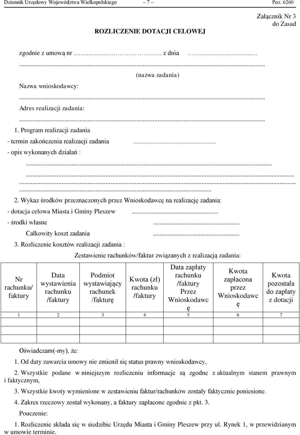 Wykaz środków przeznaczonych przez Wnioskodawcę na realizację zadania: - dotacja celowa Miasta i Gminy Pleszew... - środki własne... Całkowity koszt zadania... 3.