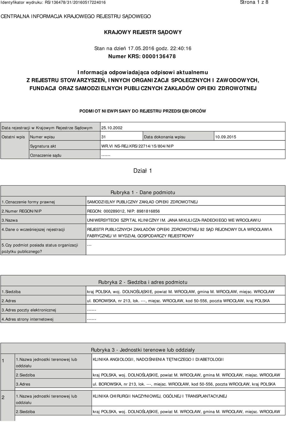 OPIEKI ZDROWOTNEJ PODMIOT NIEWPISANY DO REJESTRU PRZEDSIĘBIORCÓW Data rejestracji w Krajowym Rejestrze Sądowym 25.10.2002 Ostatni wpis Numer wpisu 31 Data dokonania wpisu 10.09.2015 Sygnatura akt WR.