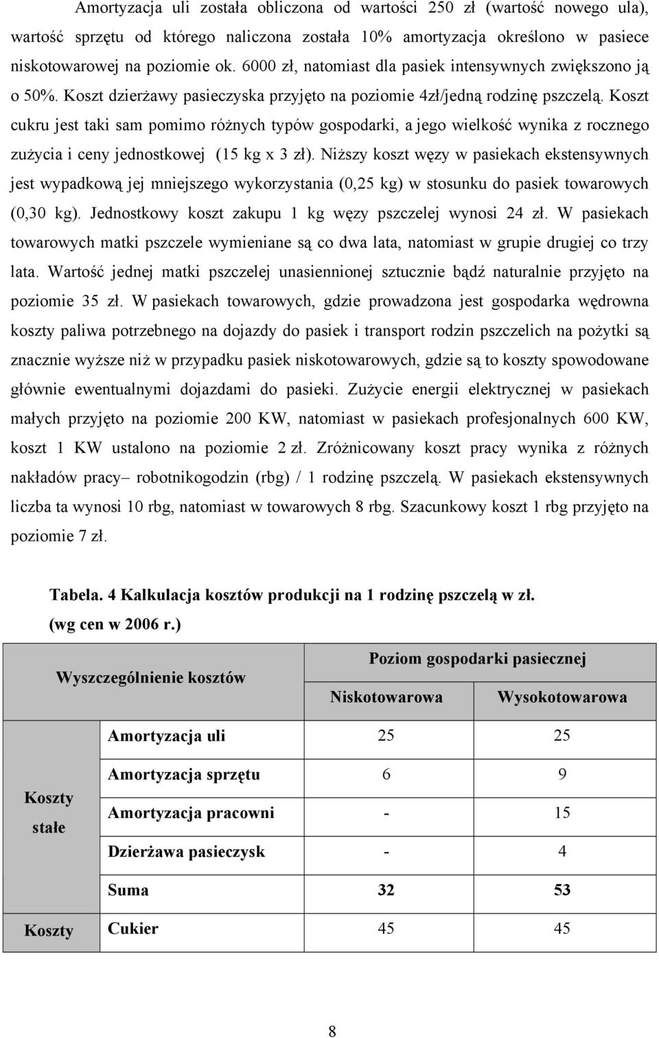 Koszt cukru jest taki sam pomimo różnych typów gospodarki, a jego wielkość wynika z rocznego zużycia i ceny jednostkowej (15 kg x 3 zł).