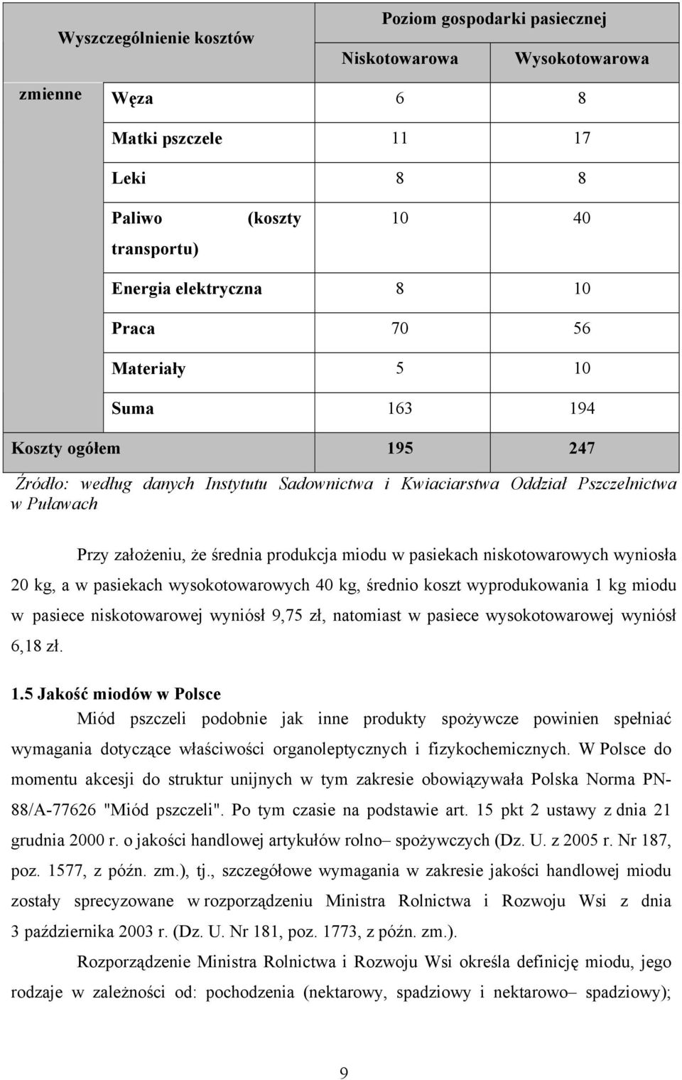 niskotowarowych wyniosła 20 kg, a w pasiekach wysokotowarowych 40 kg, średnio koszt wyprodukowania 1 kg miodu w pasiece niskotowarowej wyniósł 9,75 zł, natomiast w pasiece wysokotowarowej wyniósł